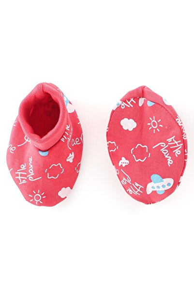 Babyhug Babyhug 100% Cotton Knit Mittens & Booties Set Airplane & Text Print- Red