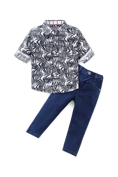 Babyhug Babyhug 100% Cotton Knit Full Sleeves Shirt & Jeans Tropical - Blue Black & White
