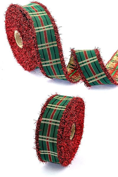 FANTASTIC KURDELE Red Fringed Woven Christmas Ribbon (35mm Width - 10Mt Length)