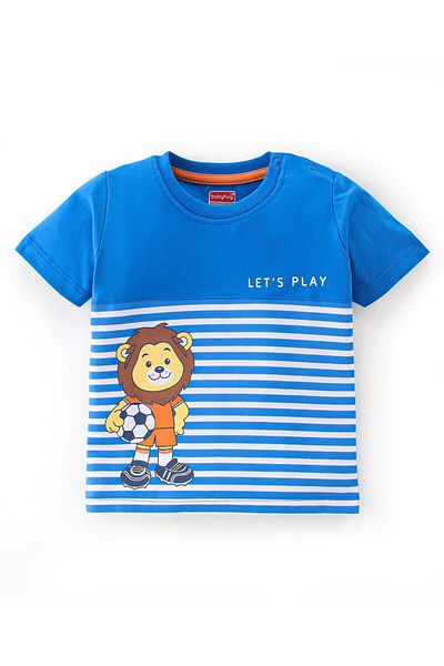 Babyhug Babyhug Single Jersey Knit Half Sleeves T-Shirt & Denim Shorts Set Stripes & Lion Print - Blue