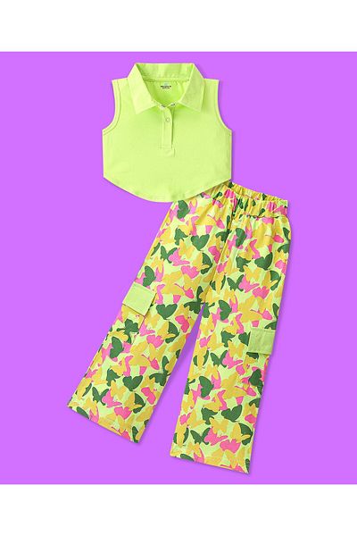 Ollington St. Ollington St. Cotton Lycra Knit  Polo Sleeveless Top & Cargo Pants with Butterfly Print - Lime Green