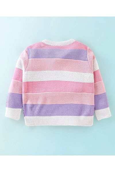 Babyhug Babyhug Knit Full Sleeves Sweater Stripes Design With Heart Sequin Detailing- White Pink & Purple