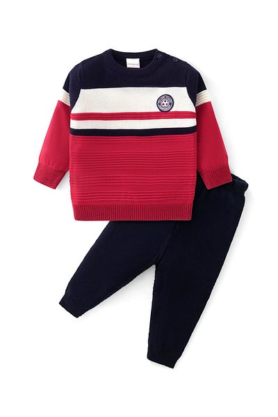 Babyhug Babyhug Knit Full Sleeves Sweater Set with Strips Design - Red