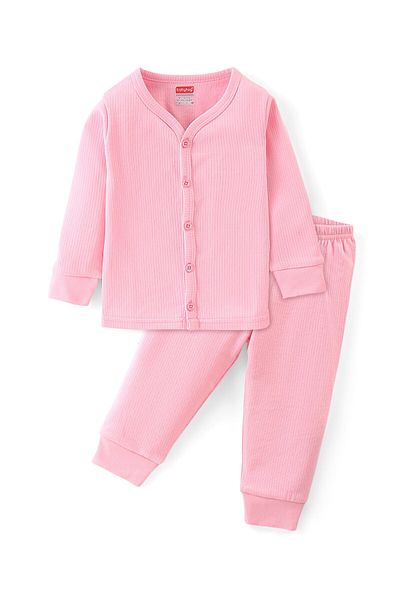 Babyhug Babyhug Cotton Full Sleeves Front Open Thermal Vest & Pants - Pink