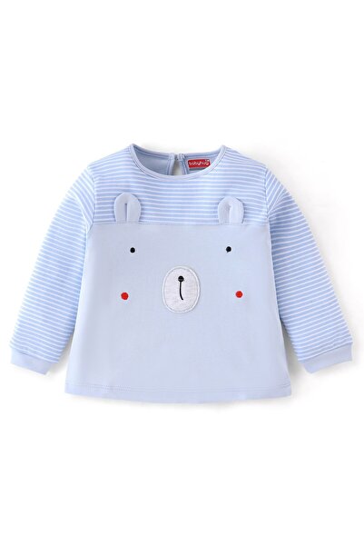 Babyhug Babyhug Knitted Full Sleeves Striped T-Shirt with Bear Applique - Blue