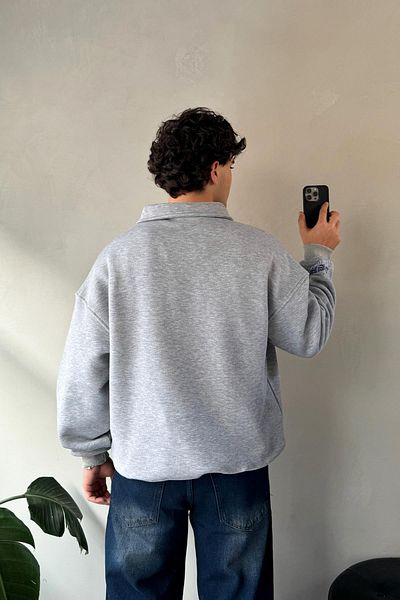 Flaw Wear Dash Made Embroidered Gray Melange Polo Neck Sweatshirt