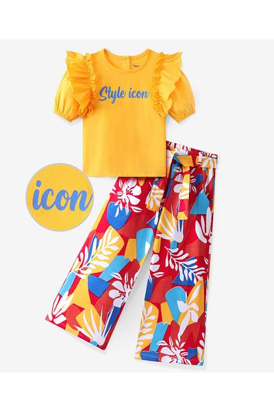 Ollington St. Ollington St. 100% Cotton Flared Sleeves Top with Print & Tropical Printed Culottes Set - Multicolor