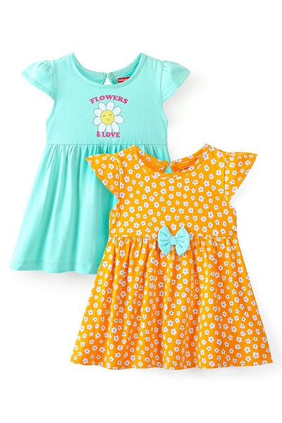 Babyhug Babyhug 100% Cotton Knit Half Sleeves Frock With Floral Print Pack Of 2 - Green & Orange