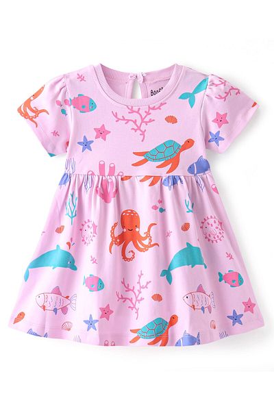 Bonfino Bonfino 100% Cotton Knit Short Sleeves Frock with Bloomer Sea Life Print - Pink