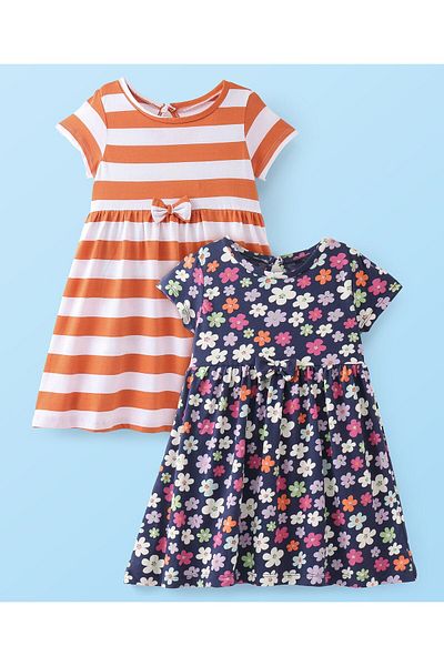 Babyhug Babyhug Cotton Knit Half Sleeves Frock With Floral & Striped Print Pack Of 2 - Orange & Navy Blue