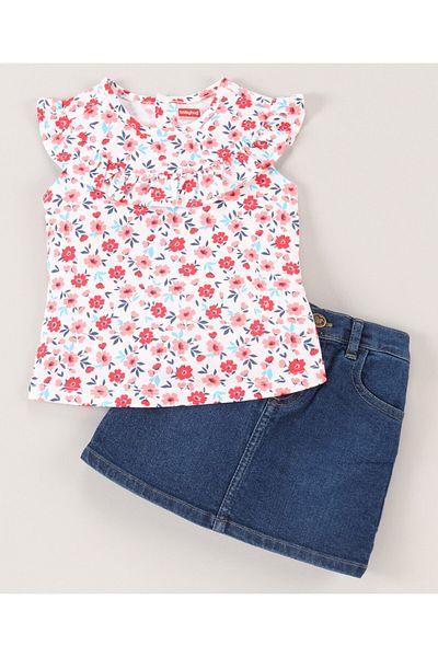 Babyhug Babyhug Floral Top and Denim Skirt Set - White Blue