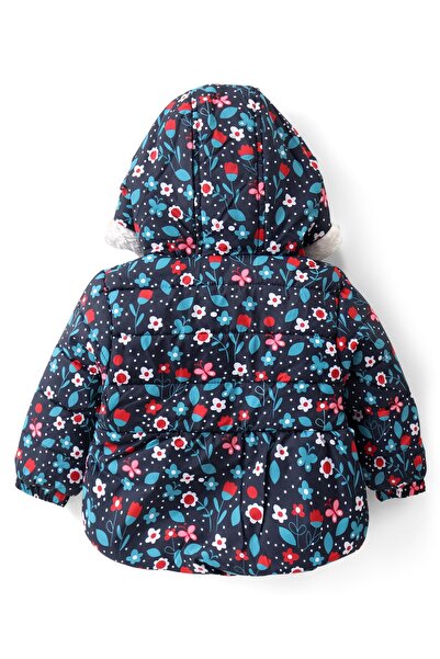 Babyhug Babyhug Woven Full Sleeves Hooded Puffer Winter Wear Suit With Floral Print - Blue