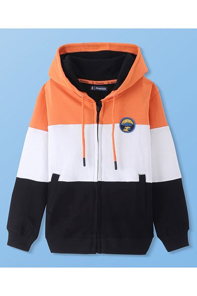 Pine kids Pine Kids Cotton Knit Full Sleeve Front Open Hooded Sweatjacket Colour Block Design,Patch-Multicolor