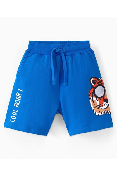 Ollington St. Ollington St. 100% Cotton Knit Half Sleeves T-Shirt & Shorts Set Tiger Print - Multicolor & Blue