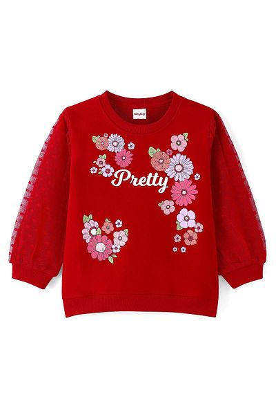 Babyhug Babyhug Knit Full Balloon Sleeves Sweatshirt With Floral Graphics Foil Print & Mesh Detailing - Red