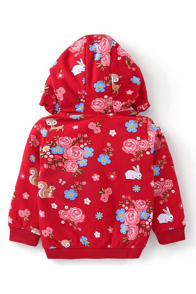 Babyhug Babyhug Terry Cotton Knit Full Sleeve Hoodie & Lounge Pants/Co/ord Set with Floral Print -Red & Pink