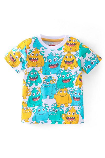 Babyhug Babyhug 100% Cotton Knit Half Sleeves T-Shirt & Shorts Set Monster Print - White Turquoise & Orange