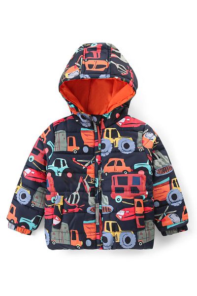 Babyhug Babyhug Full Sleeves Hooded Jacket with Vehicles Print - Navy Blue