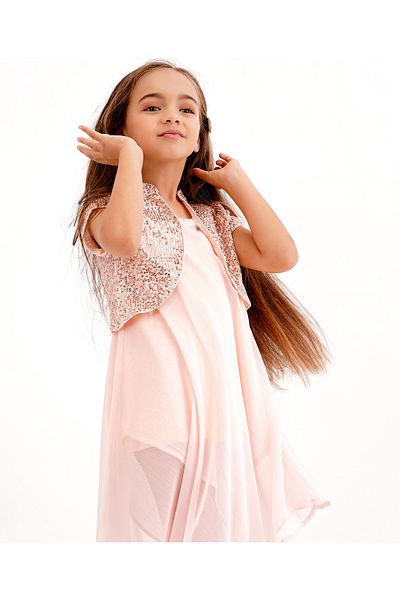 Primo Gino Primo Gino Asymmetrical Solid Frock with Half Sleeves Sequined Shrug - Pink