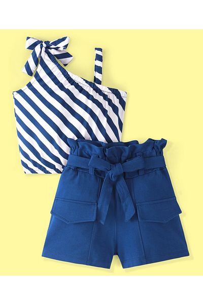 Ollington St. Ollington St. 100% Cotton Stripped Sleeveless Top & Shorts With Belt Set  - White & Blue