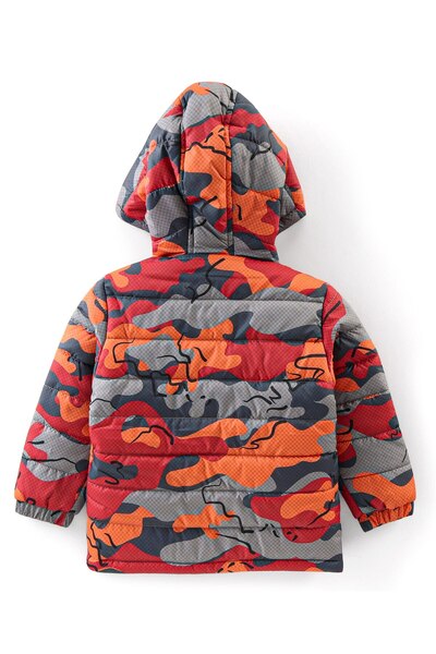 Babyhug Babyhug Full Sleeves Hooded & Padded Jacket Camo Print- Orange Red & Grey