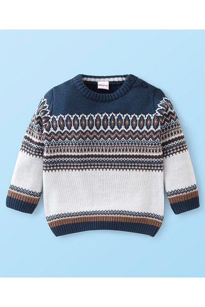 Babyhug Babyhug Full Sleeves Intarsia Design Sweater - Grey & Navy Blue
