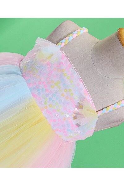 Babyhug Babyhug Sleeveless Party Frock With Mesh & Sequine Detailing - Pink Yellow & Blue