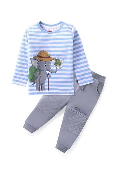 Babyhug Babyhug Cotton Knit Full Sleeves Striped T-Shirt & Pants Set With Elephant Print - Blue & Grey