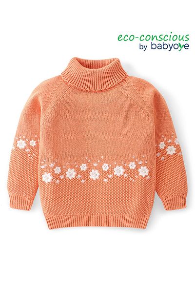Babyoye Babyoye Eco-Conscious Cotton Full Sleeves Floral Design Pullover Sweater - Orange