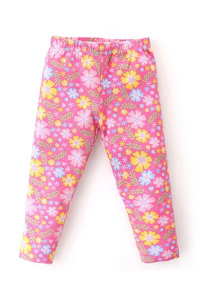Babyhug Babyhug Cotton Lycra Knit Full Length Leggings With Strech Floral Print Pack of 2 - Pink & Yellow