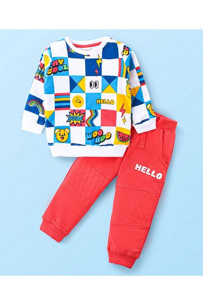 Babyhug Cotton Knitted Long Sleeve Text Printed T-Shirt and Pants Set - Multicolor