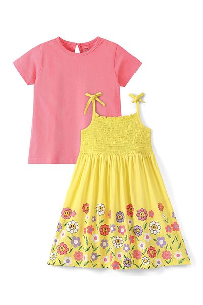 Babyhug Babyhug Cotton Knit Frock with Half Sleeves Inner Tee Floral Print - Peach & Yellow