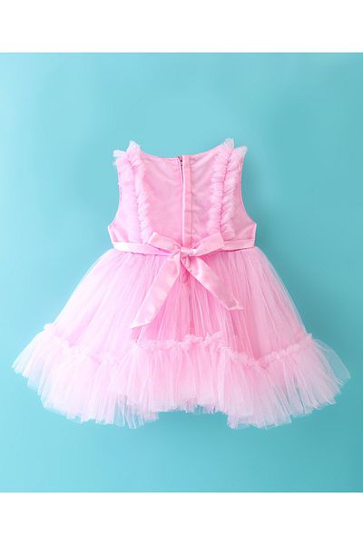 Babyhug Babyhug Sleeveless Mesh Party Frock with Bow Applique - Pink
