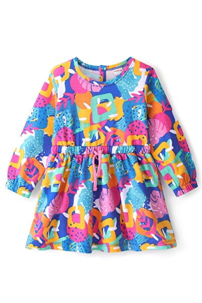 Babyhug فستان شتوي بأكمام كاملة من Babyhug مصنوع من القطن بنسبة 100% بطبعة تج...