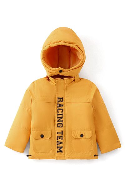 Babyhug Babyhug Full Sleeves Solid Colour & Text Print Padded Jacket with Detachable Hood - Mustard