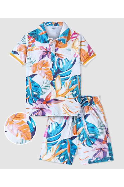 Ollington St. Ollington St. 100% Cotton Knit Half Sleeve Collared T-Shirt & Shorts/Co/ord Set Tropical Theme-White
