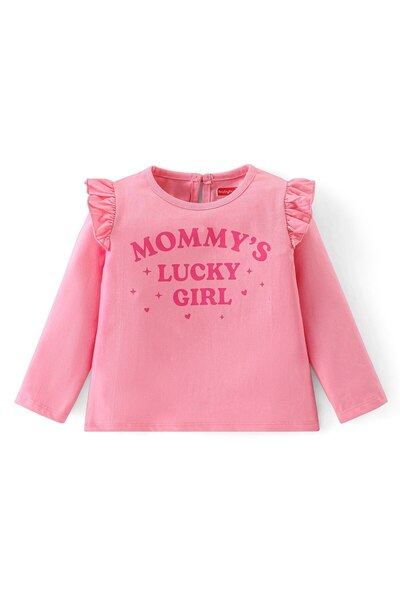Babyhug Babyhug Cotton Full Sleeves Tee With Frill Detailing & Text Graphics- Light Pink