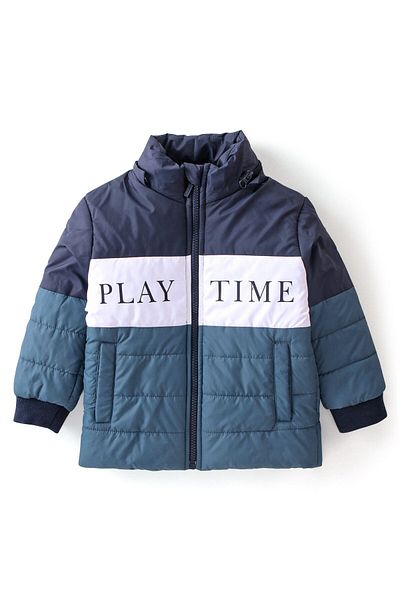 Babyhug Babyhug Woven Full Sleeves Jacket With Detachable Hood & Text Print - Blue & White