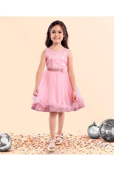 Babyhug Babyhug Sleeveless Party Frock With Floral Applique - Pink