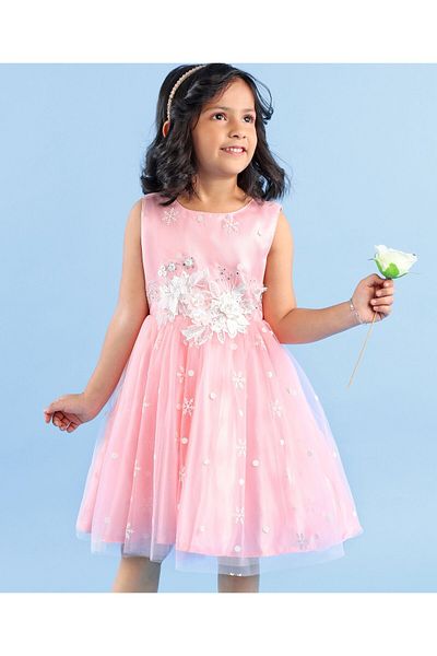 Babyhug Babyhug Sleeveless Party Wear Frock with Floral Applique - Pink