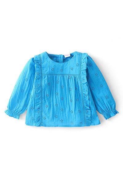 Babyhug Babyhug 100% Cotton Full Sleeves Shiffli Top with Frill Detailing - Blue