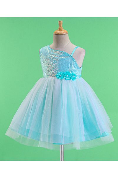 Babyhug Babyhug Woven Sleeveless Party Frock With Sequinned & Floral Applique - Blue