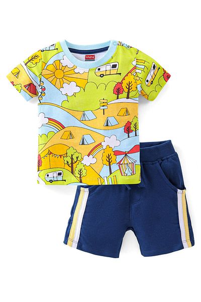 Babyhug Babyhug 100% Cotton Half Sleeves T-Shirt with Landscape Print and Shorts - Multicolour