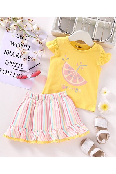 Babyoye Babyoye Cap Sleeves Top & Striped Skirt Lemon Print - Multicolor