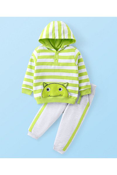 Babyhug Babyhug Single Jersey Knit Full Sleeves Hooded Striped T-Shirt with Patch & Lounge Pant Set - Lime