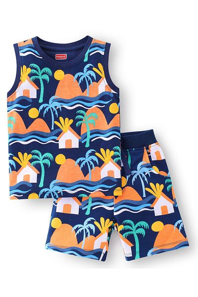 Babyhug Babyhug 100% Cotton Knit Single Jersey Sleeveless T-Shirt & Shorts Beach Theme Print - Navy Blue