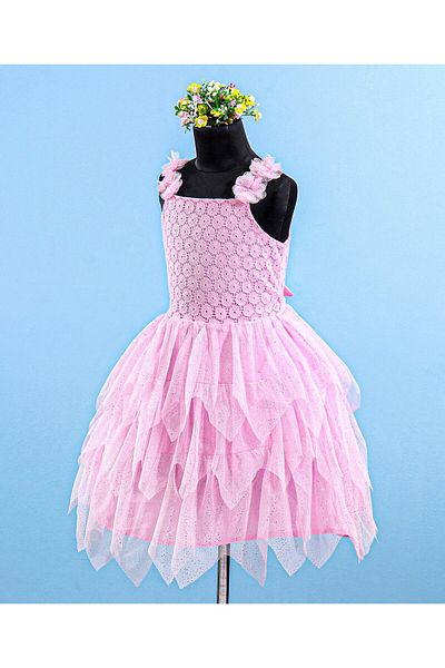 Babyhug Babyhug Sleeveless Party Wear Frock Floral Embroidery & Glitter Print- Light Pink