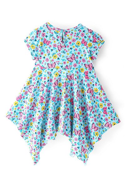 Babyhug Babyhug 100% Cotton Knit Half Sleeves Dress With Handkerchief Floral Print Hem- Mint Blue