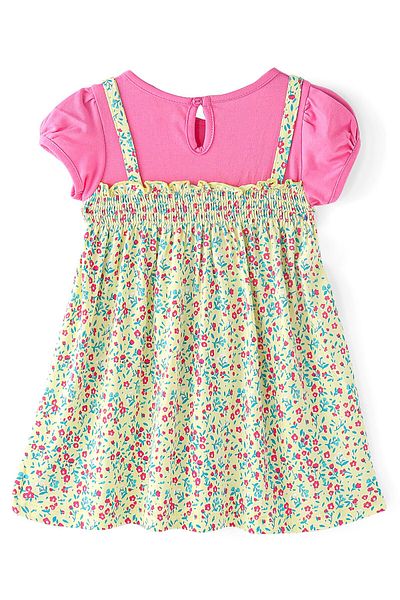 Babyhug Babyhug 100% Cotton Knit Half Sleeves Frock With Floral Print - Pink & Yellow