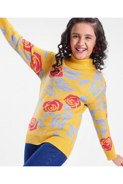 Pine kids %100 Akrilik Örme Uzun Kollu çiçek Desenli Kazak - Hardal Sarısı